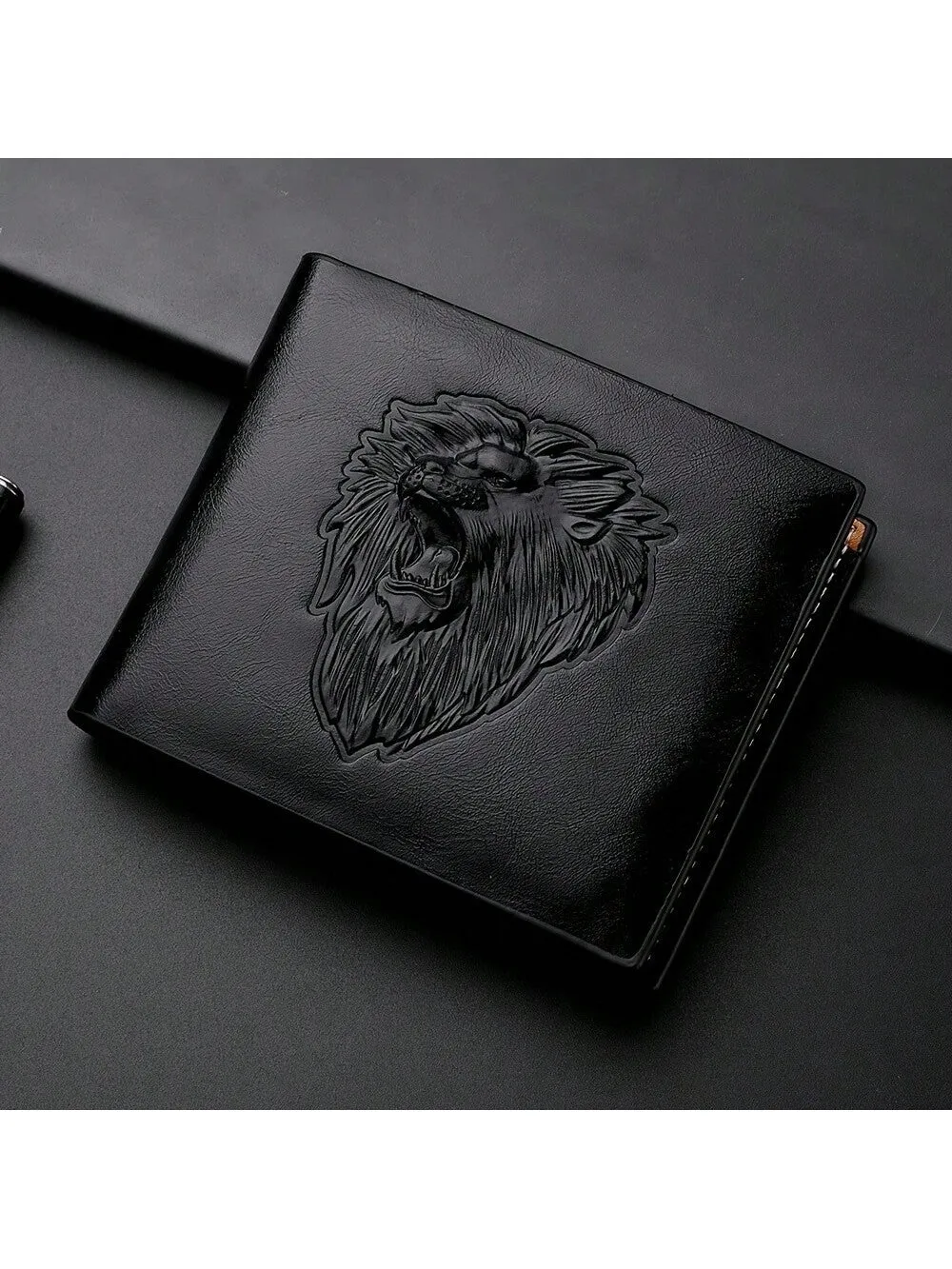 1PC Men's Business Wallet - PU Leather With 3D Embossed Lion, Three Color Options: Black, Brown, And Dark Brown Slim And Functional Design Three-Fold Wallet Gift