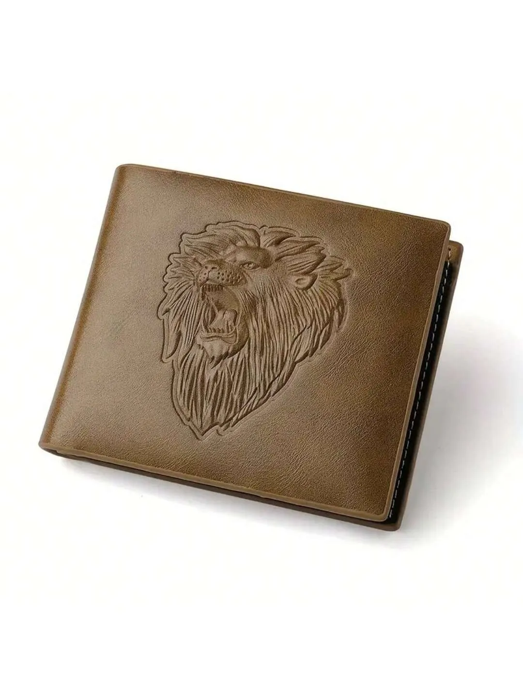 1PC Men's Business Wallet - PU Leather With 3D Embossed Lion, Three Color Options: Black, Brown, And Dark Brown Slim And Functional Design Three-Fold Wallet Gift