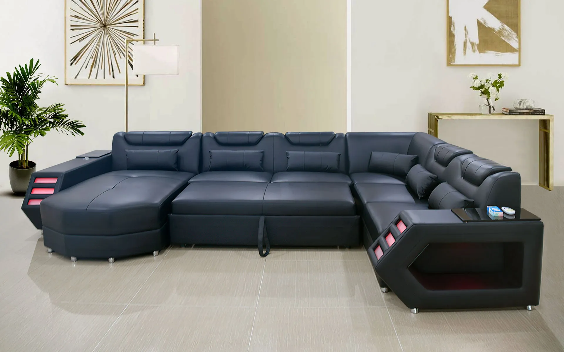 All Black Eileend Leather Sectional with LED Lights | Futuristic Furniture