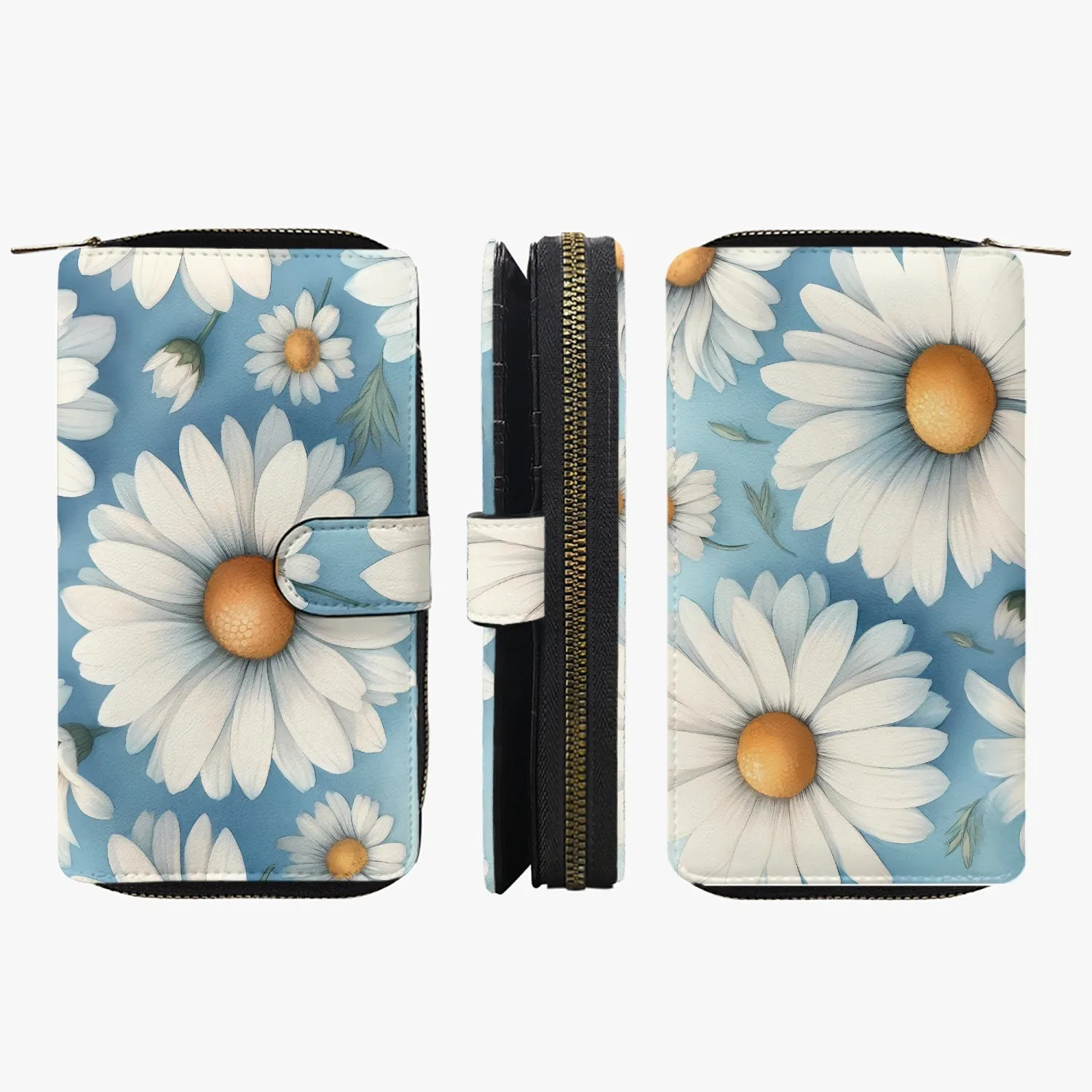 Blue with white flowers | Long Leather Wallet