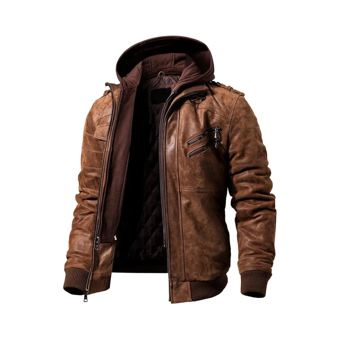 Brown Removable Hood Motorcycle Leather Jacket