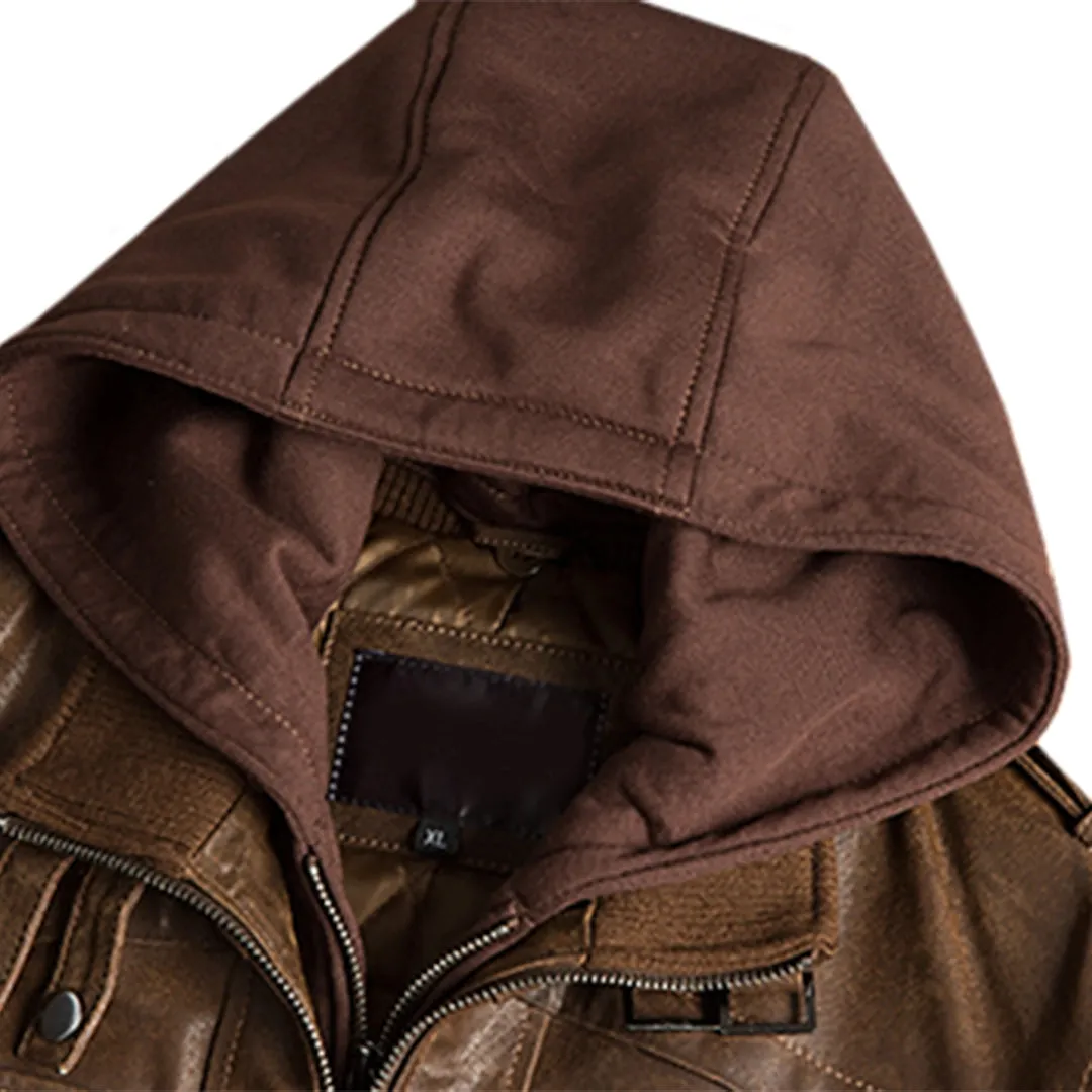 Brown Removable Hood Motorcycle Leather Jacket