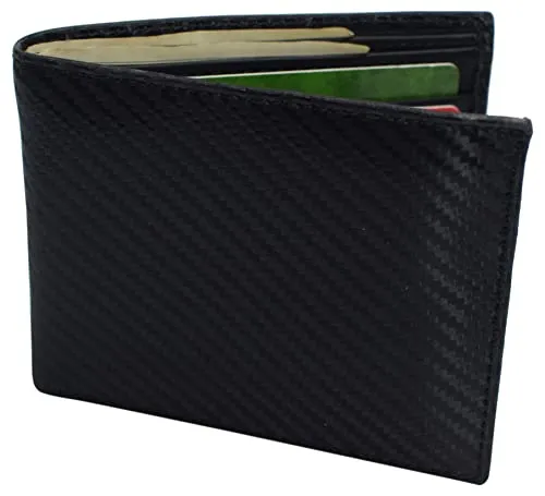 Carbon Fiber Mens Leather Wallet with ID Window Slim RFID Bifold Travel