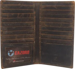 CAZORO RFID Blocking Mens Genuine Vintage Leather Bifold Long Wallet (Design Brown)