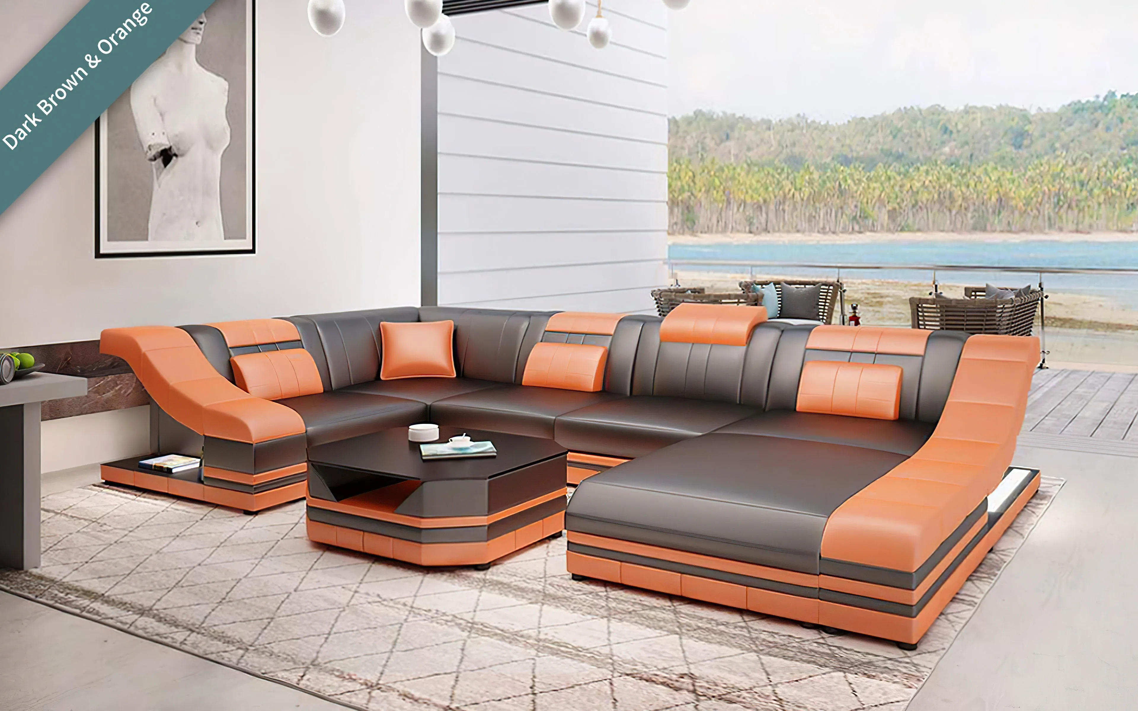 Comet Modern Leather Sectional with LED Light