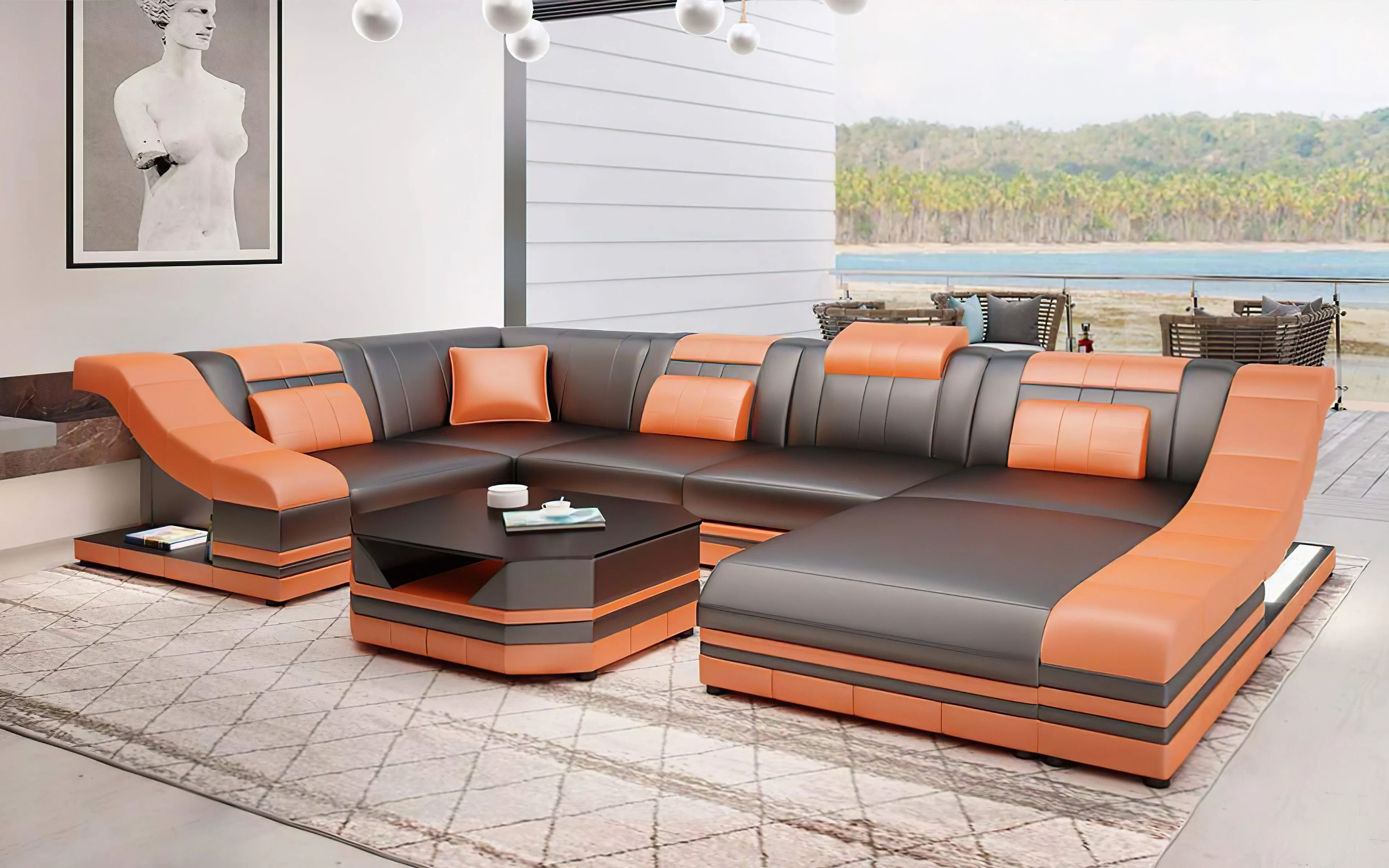 Comet Modern Leather Sectional with LED Light