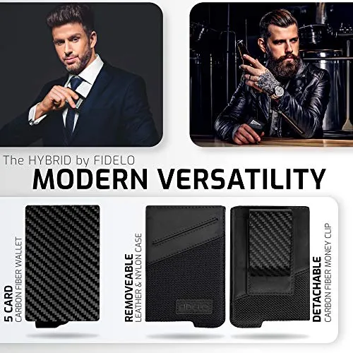 Fidelo Mens Rfid Minimalist Wallet Slim Fiber Money Clip Black Leather Case