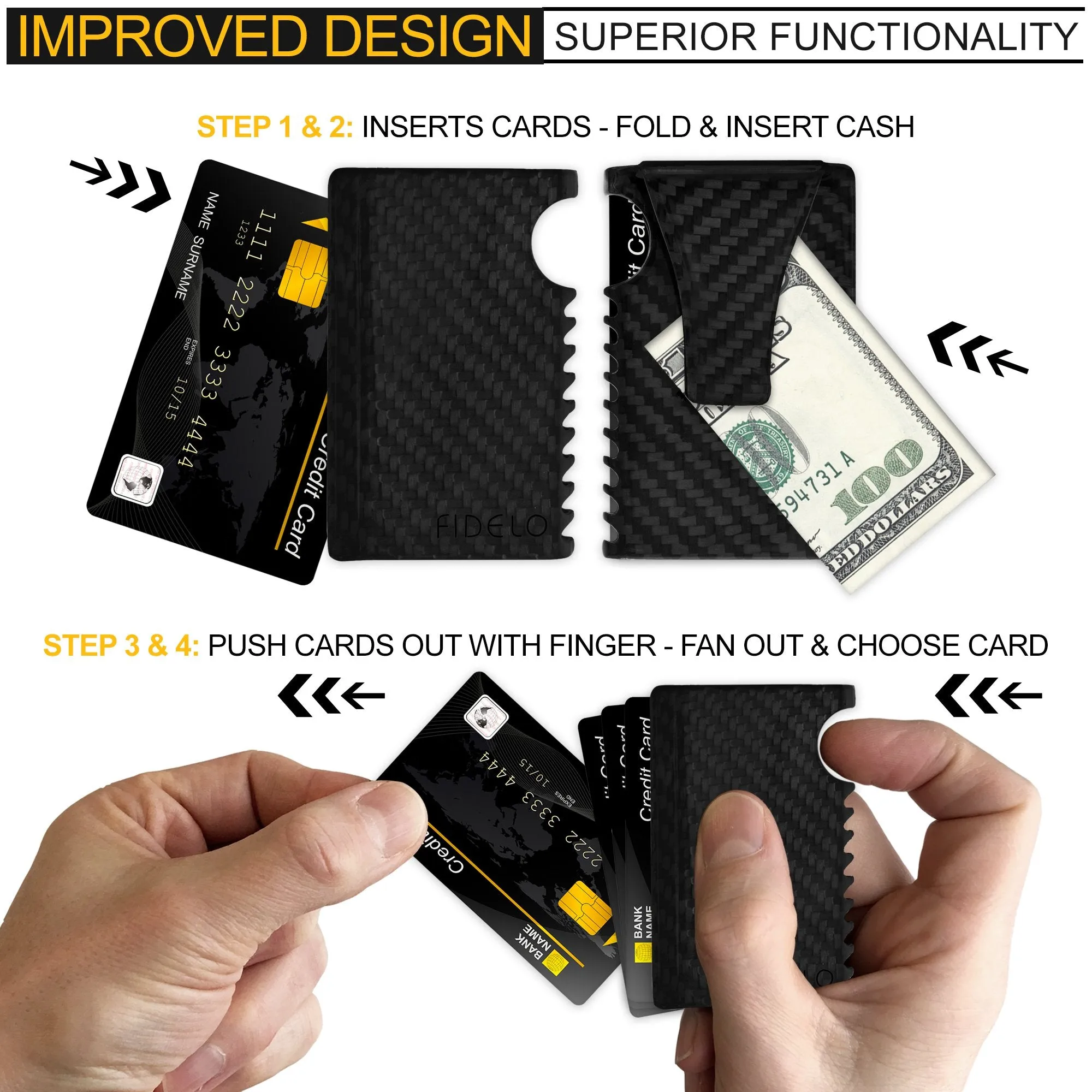 Fidelo Minimalist Wallet for Men  RFID Carbon Fiber Slim Travel Money Clip Credit Card