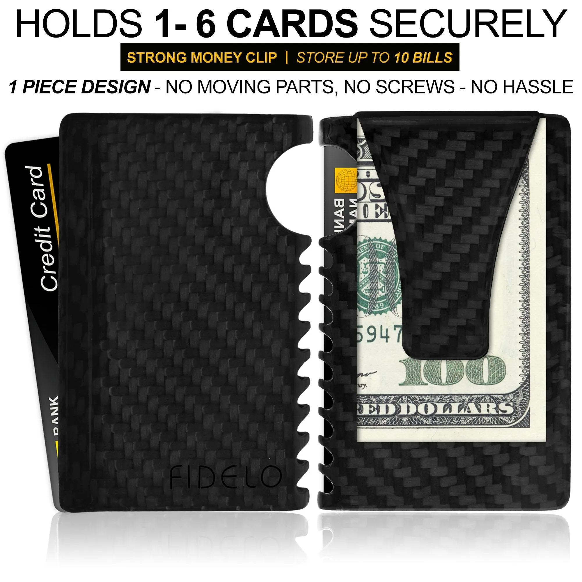 Fidelo Minimalist Wallet for Men  RFID Carbon Fiber Slim Travel Money Clip Credit Card