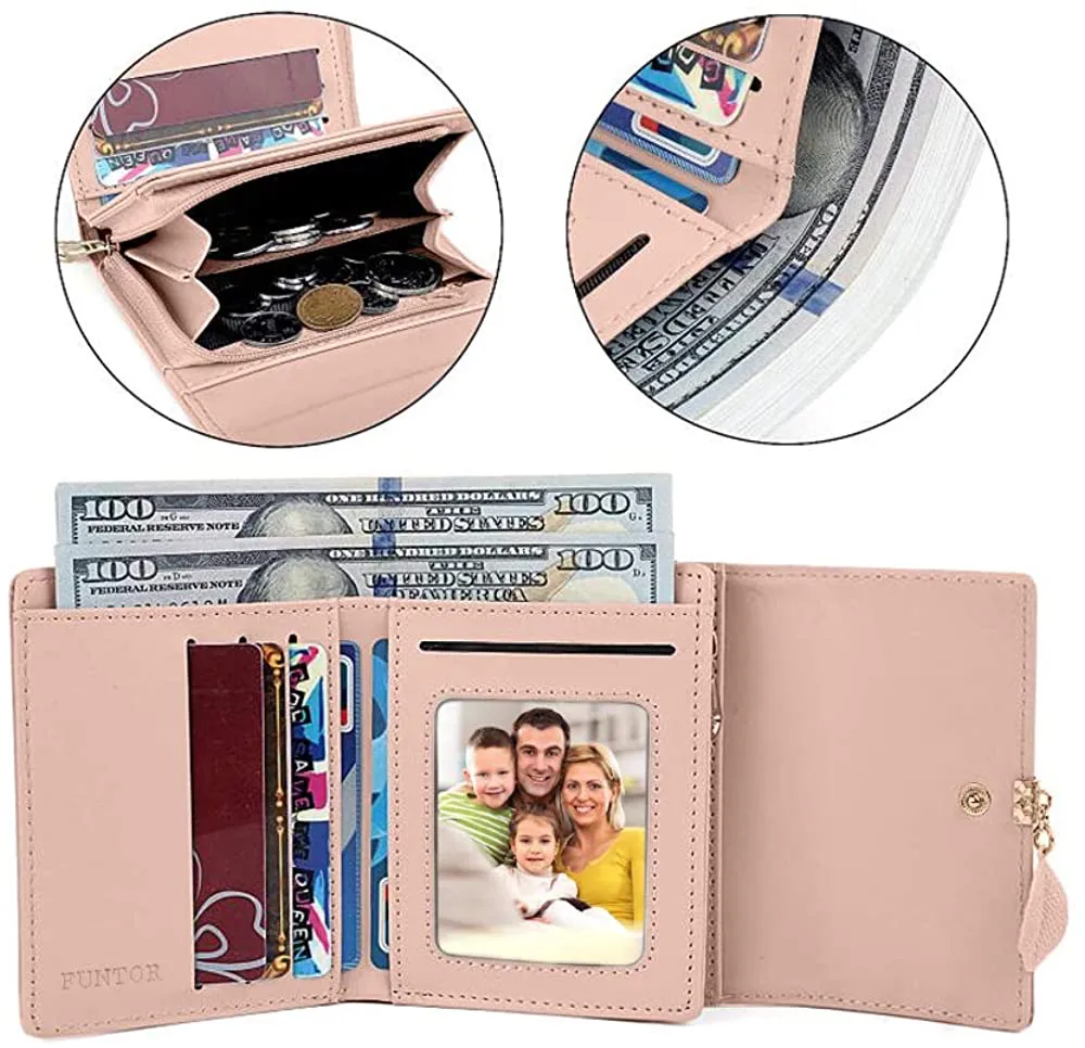 FT Funtor RFID Wallets for Women, Leaf Card Holder Trifold Ladies Wallets Coins Zipper Pocket with ID Window