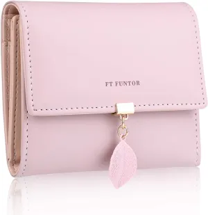 FT Funtor RFID Wallets for Women, Leaf Card Holder Trifold Ladies Wallets Coins Zipper Pocket with ID Window