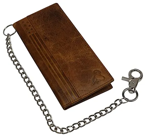 Genuine Leather Men's Chain Biker Wallet Long Bifold Checkbook RFID Blocking Wallets for Men