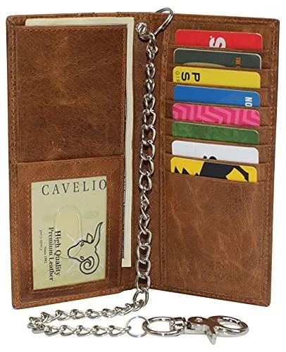 Genuine Leather Men's Chain Biker Wallet Long Bifold Checkbook RFID Blocking Wallets for Men