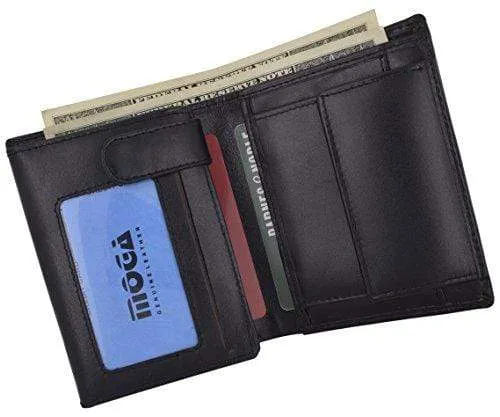 Genuine Leather Men's Hipster Flap Out Bifold Trifold Hybrid Wallet With Snap Pocket by Moga (1, Black)