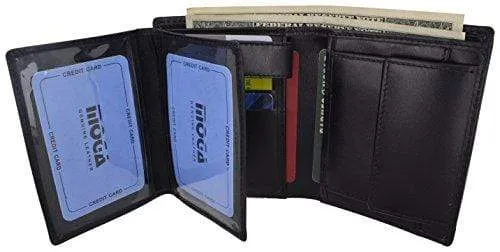 Genuine Leather Men's Hipster Flap Out Bifold Trifold Hybrid Wallet With Snap Pocket by Moga (1, Black)