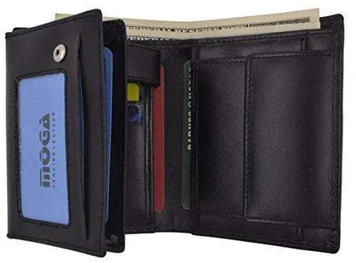 Genuine Leather Men's Hipster Flap Out Bifold Trifold Hybrid Wallet With Snap Pocket by Moga (1, Black)