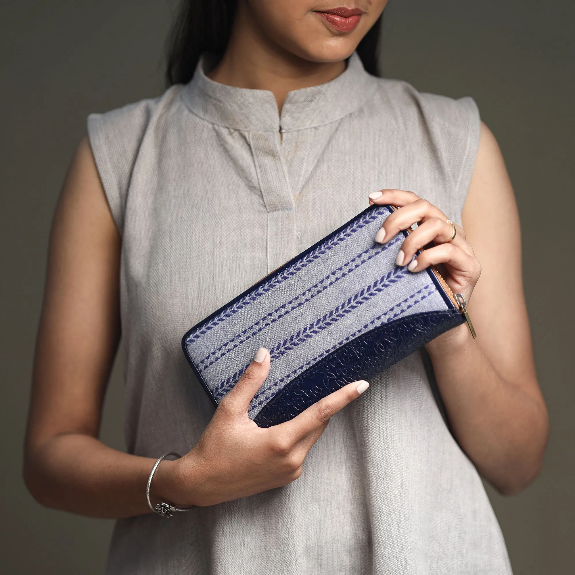 Grey - Handcrafted Jacquard Weave Leather Wallet