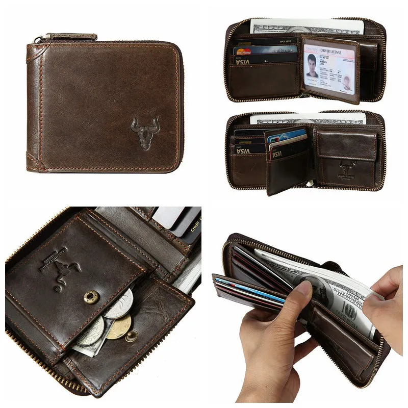 GWA025 - Ming Clan Brown Zipper Cowhide Leather Wallet