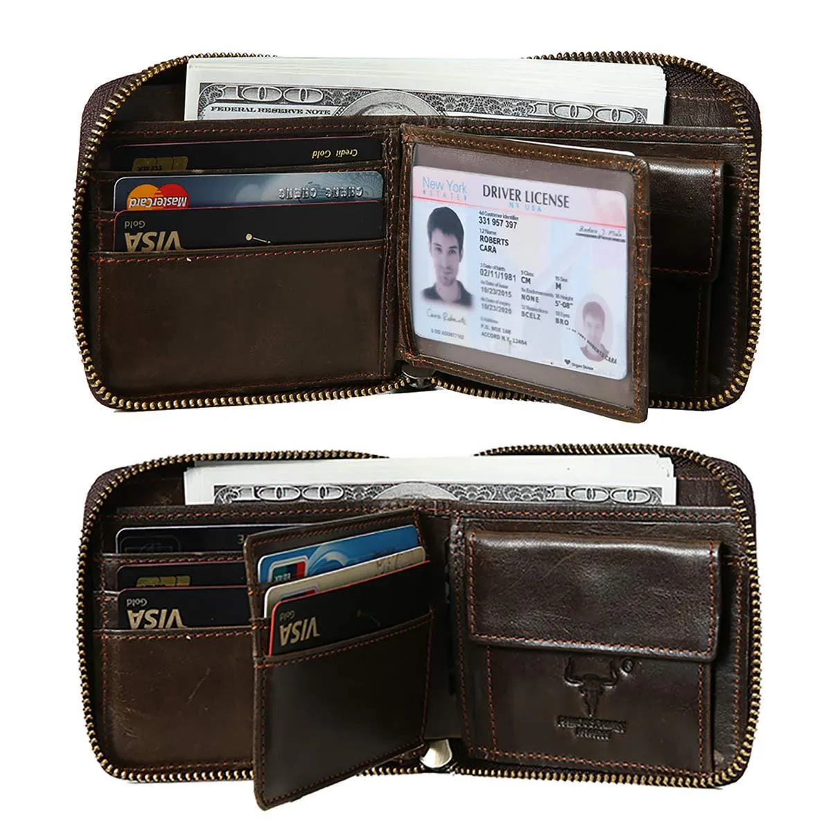 GWA025 - Ming Clan Brown Zipper Cowhide Leather Wallet