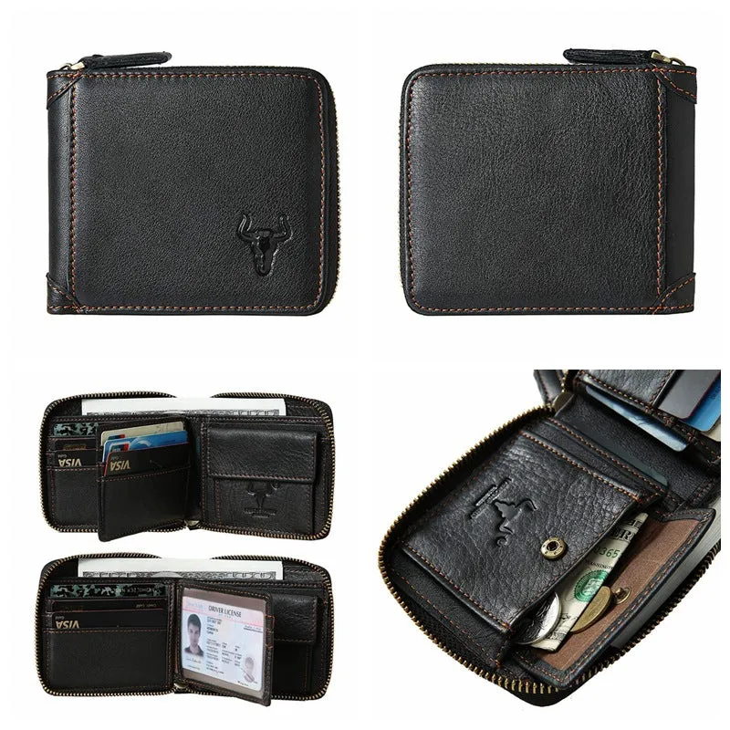 GWA026 - Ming Clan Black Zipper Cowhide Leather Wallet