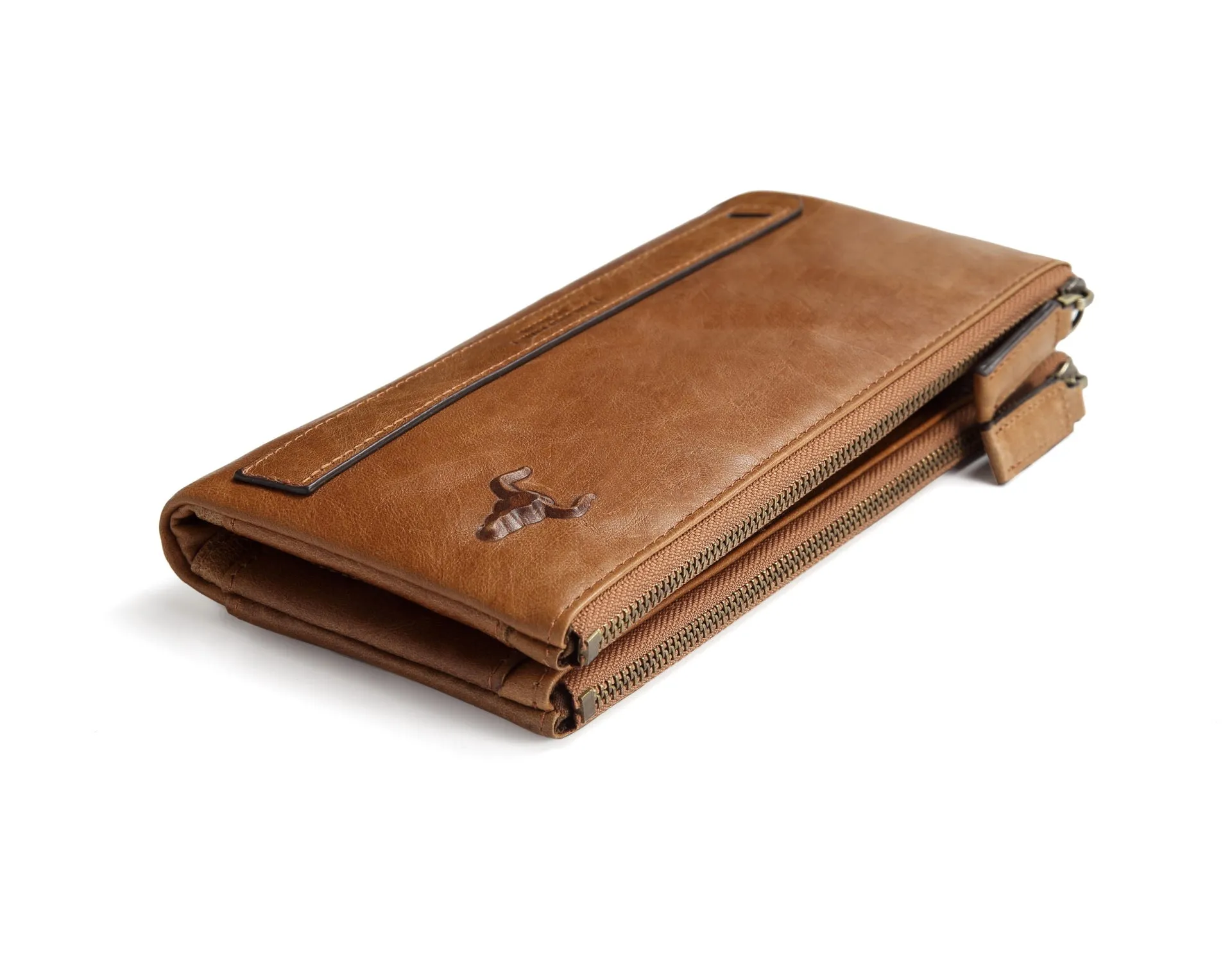 GWA032 - Ming Clan Light Brown Double Zipper Cowhide Leather Wallet