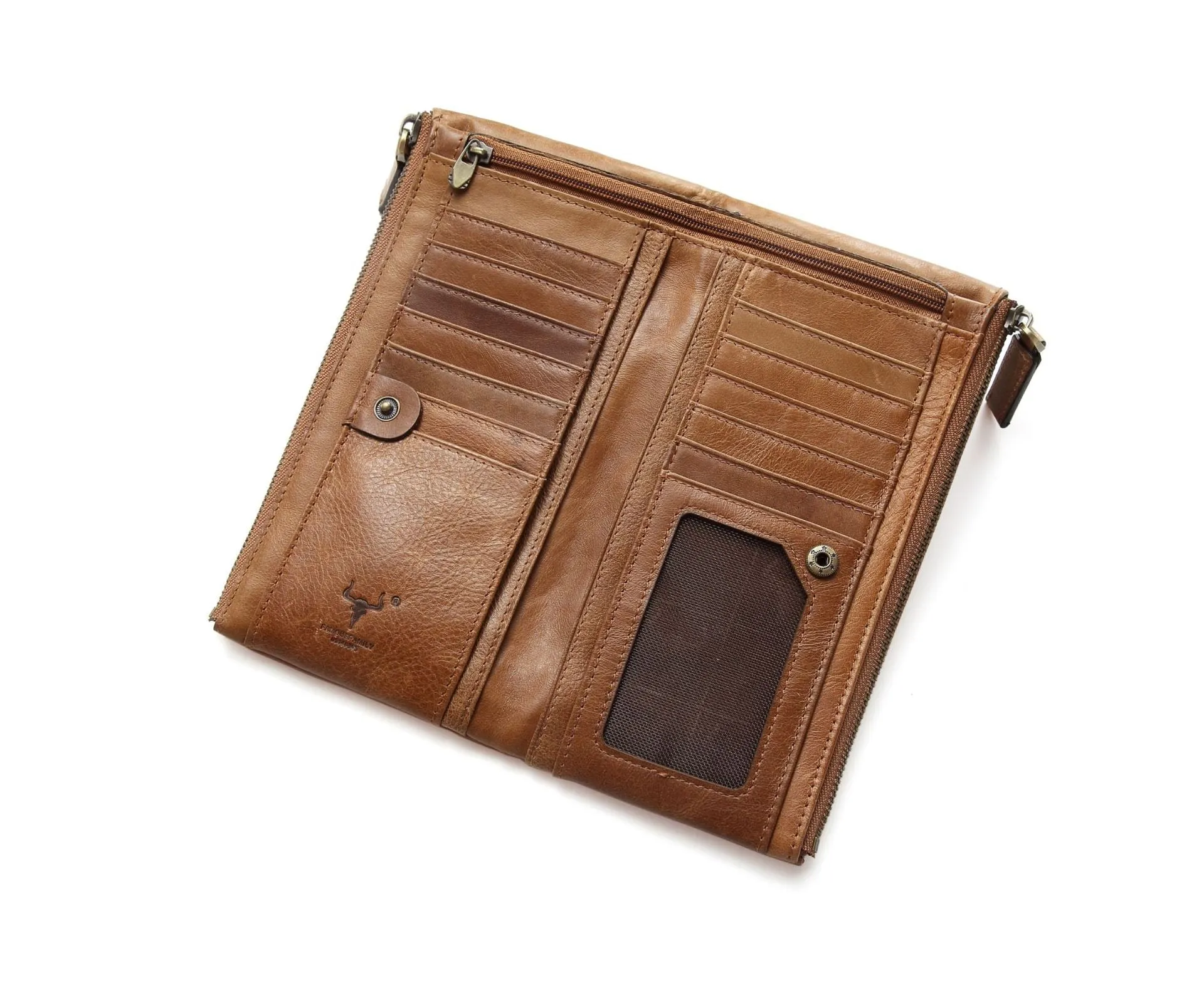 GWA032 - Ming Clan Light Brown Double Zipper Cowhide Leather Wallet