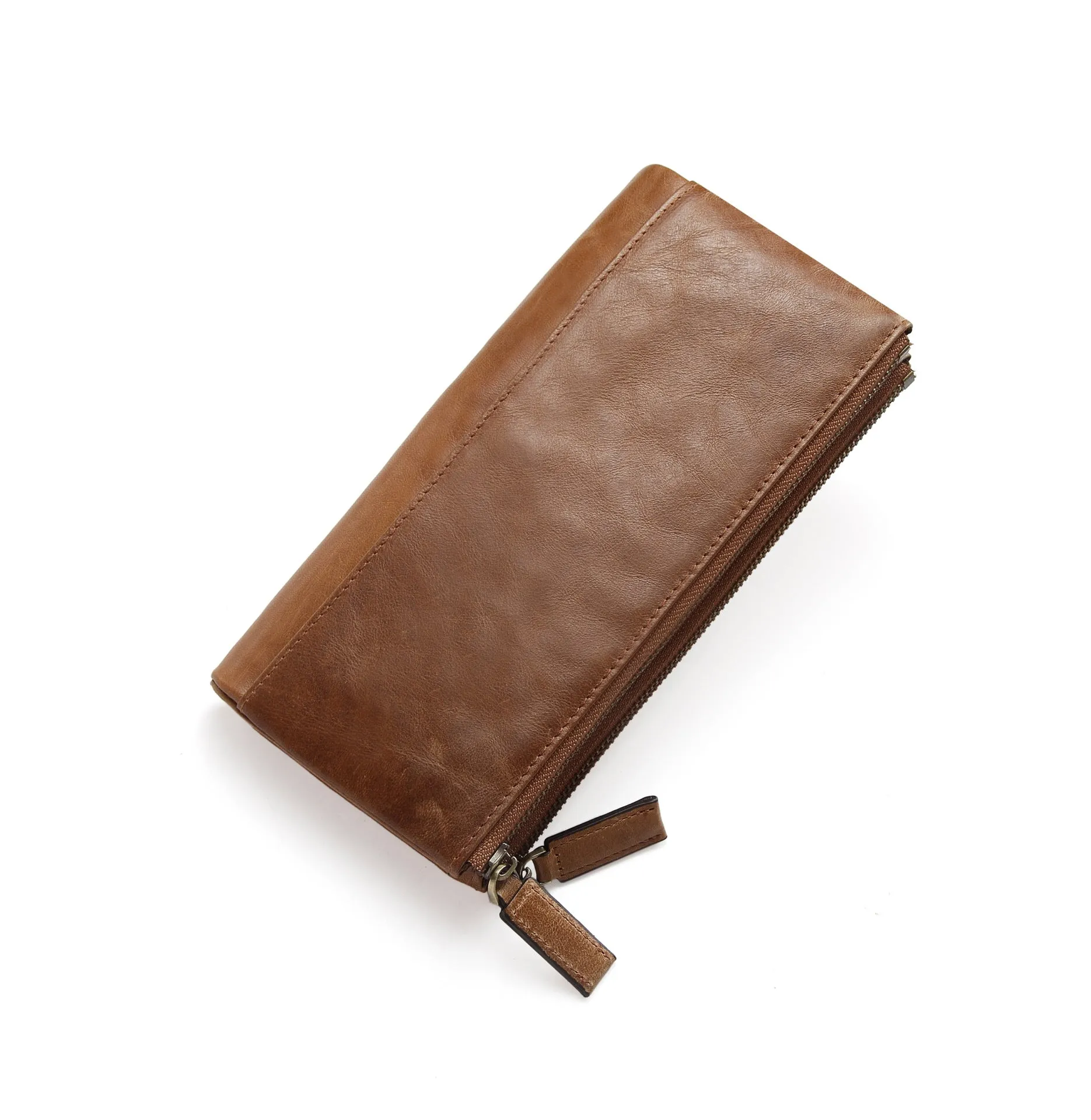 GWA032 - Ming Clan Light Brown Double Zipper Cowhide Leather Wallet