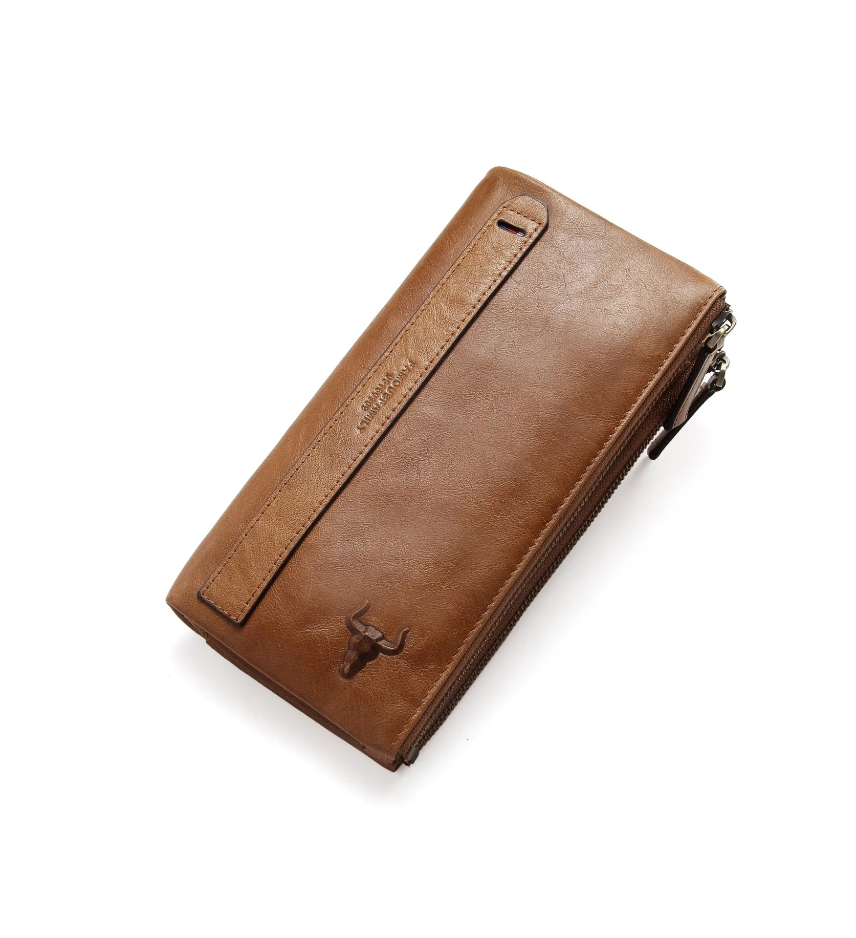 GWA032 - Ming Clan Light Brown Double Zipper Cowhide Leather Wallet