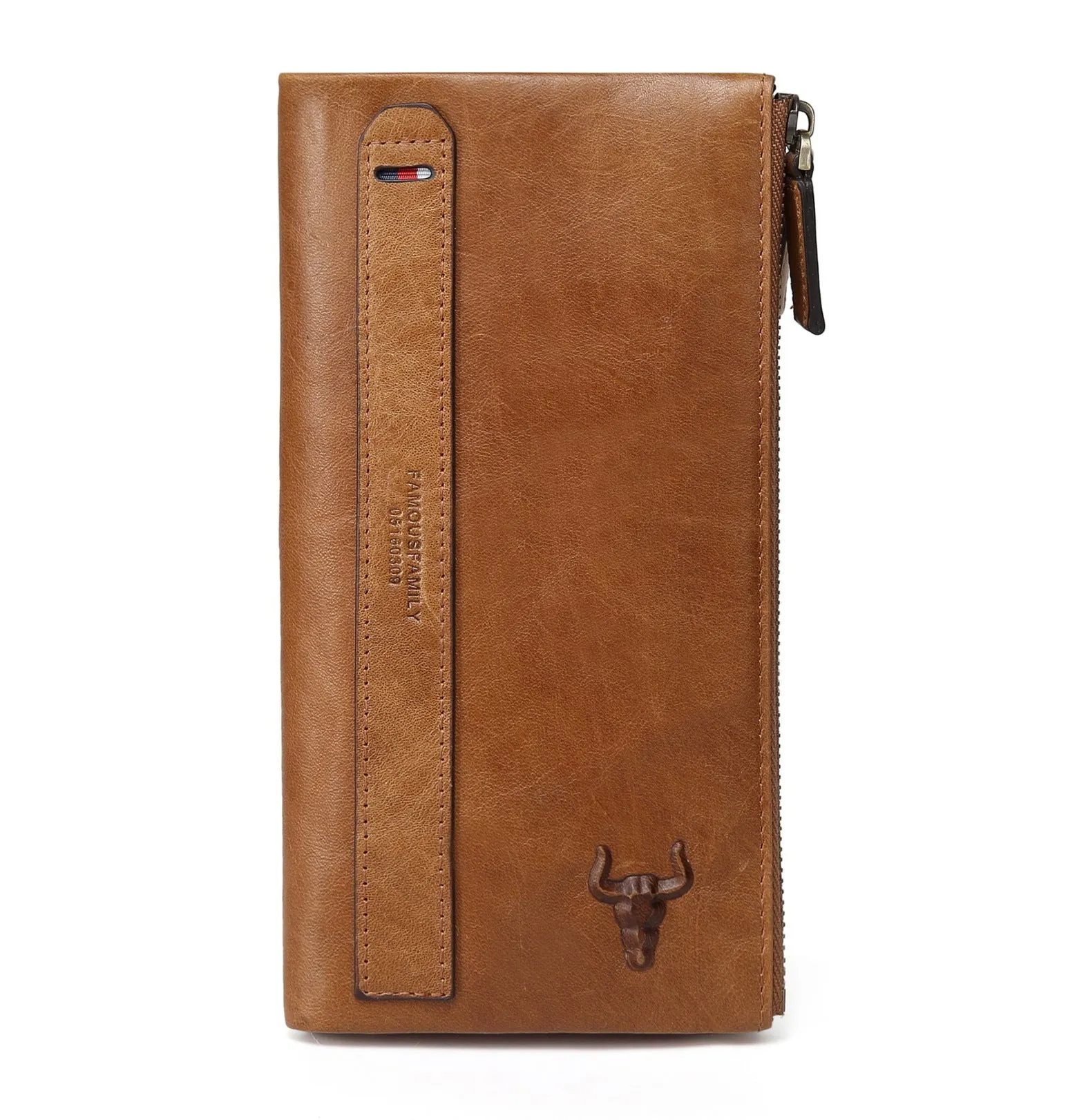 GWA032 - Ming Clan Light Brown Double Zipper Cowhide Leather Wallet