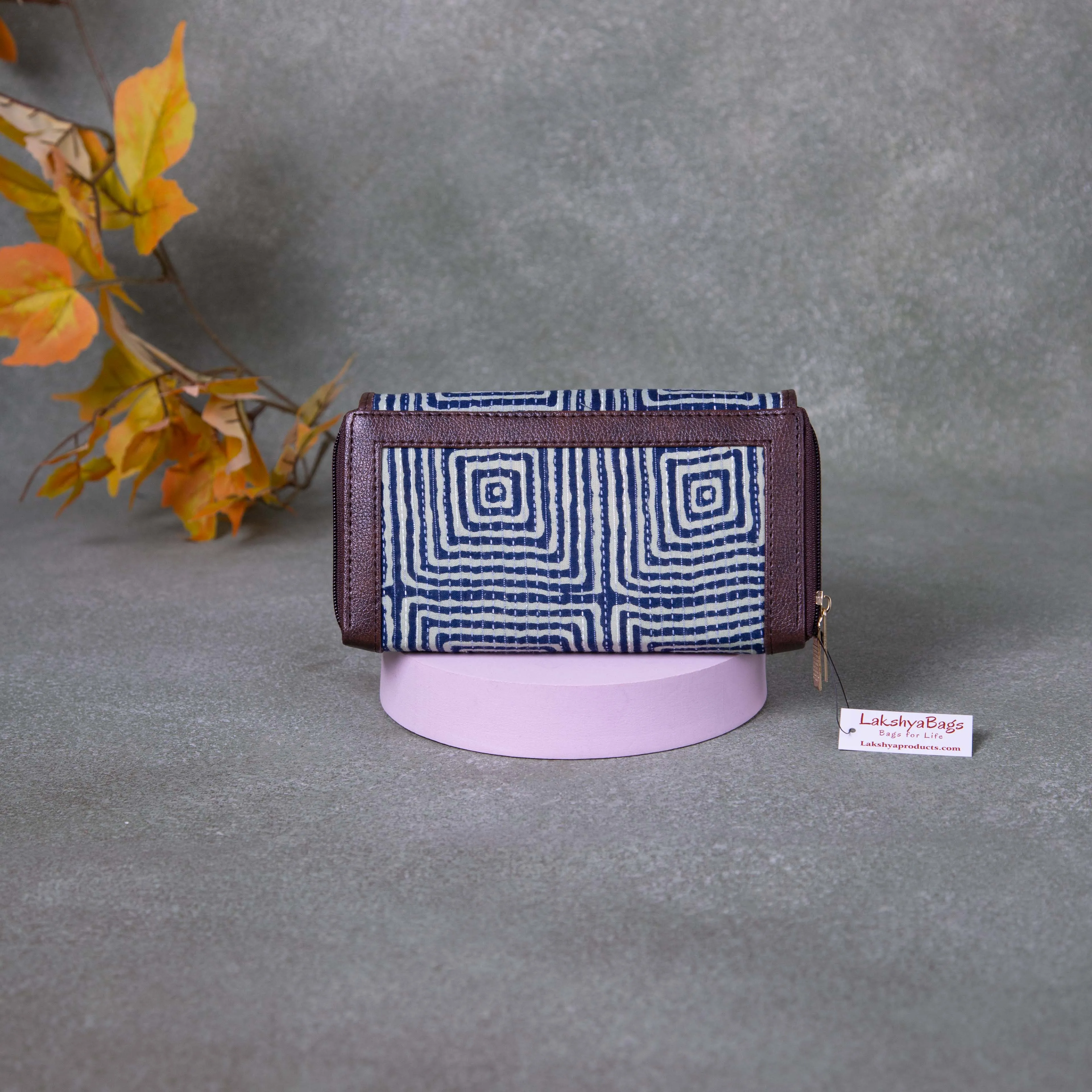 Handmade Wallets -  Dual Zip Blue Geometrical Design