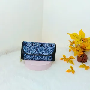 Handmade Wallets Dual Zip Blue with White Indian Prints