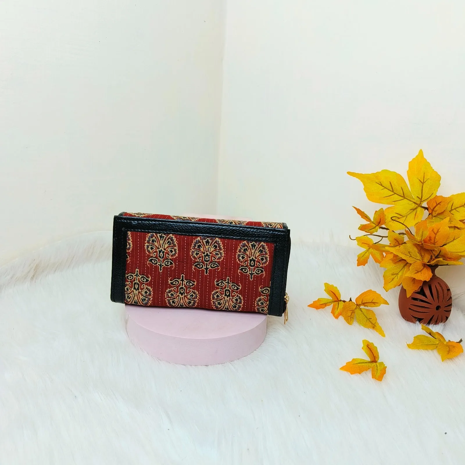 Handmade Wallets Dual Zip Red colour with Yellow Graphic Prints Design