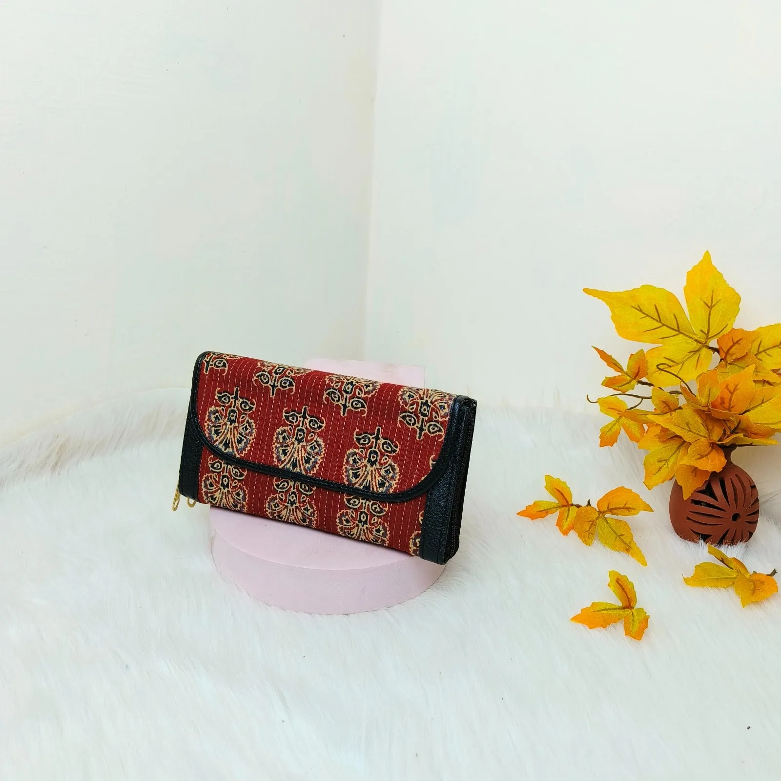 Handmade Wallets Dual Zip Red with Sandal Botanical Prints