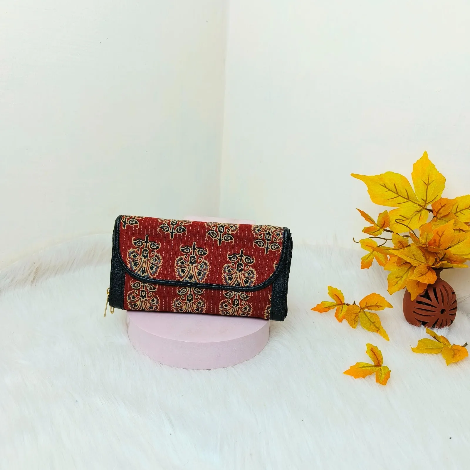 Handmade Wallets Dual Zip Red with Sandal Botanical Prints