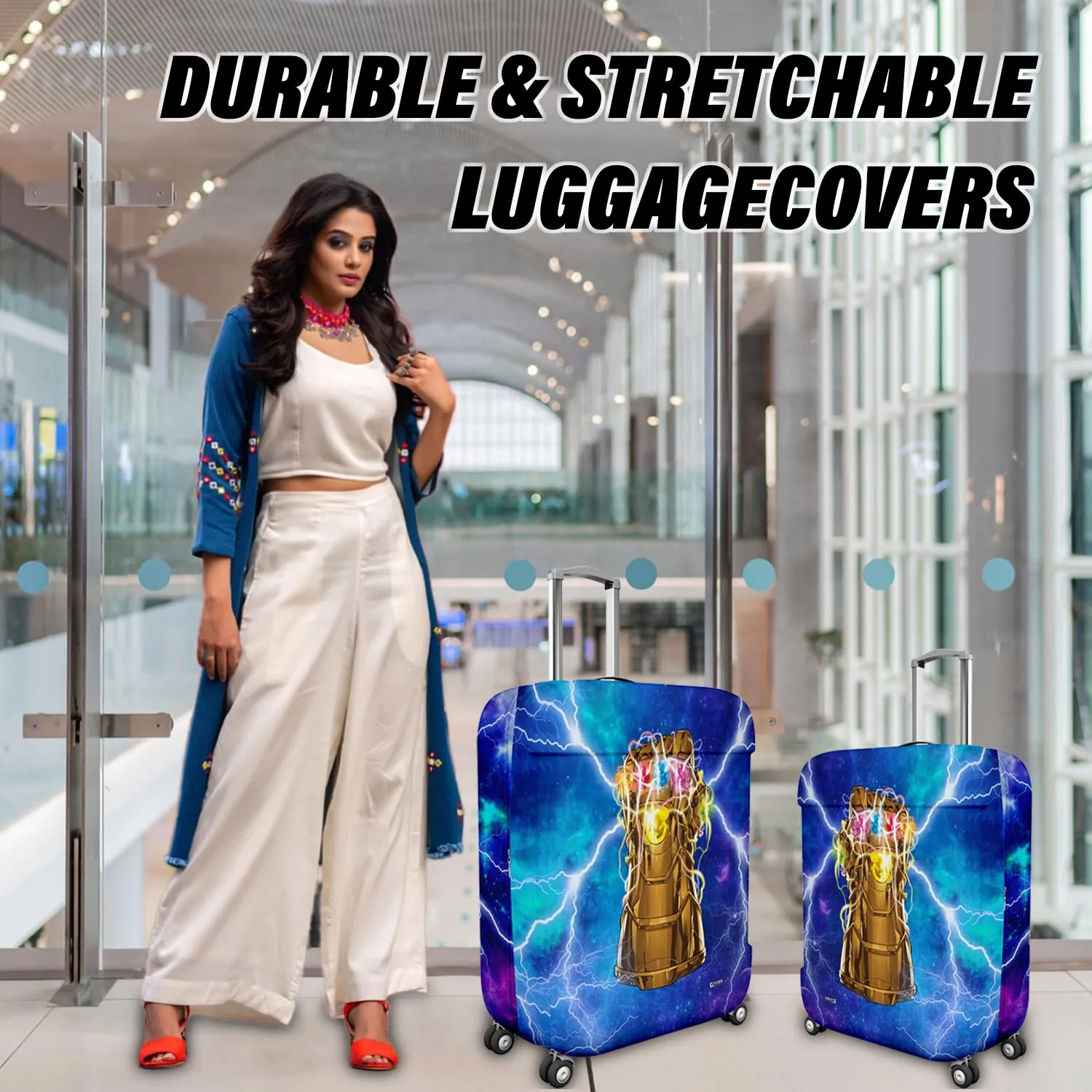 Kuber Industries Marvel The Infinity Gauntlet Luggage Cover | Polyester Travel Suitcase Cover | Washable | Stretchable Suitcase Protector | 22-26 Inch | Medium | Sky Blue