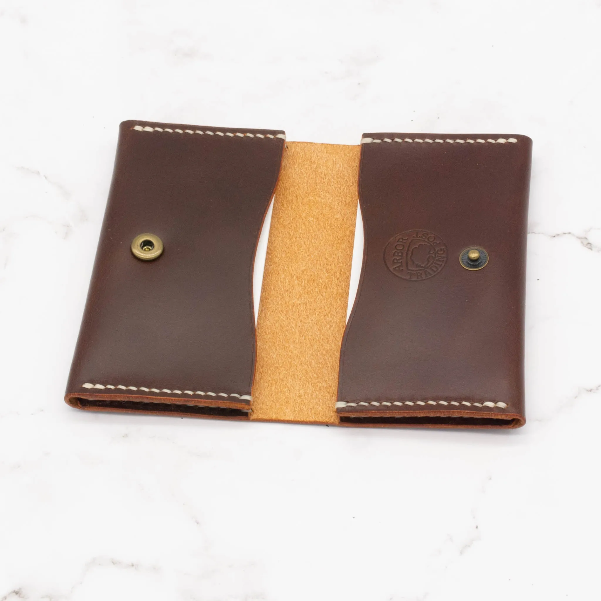 Leather Two-Pocket Gusset Business Card Holder with Snap Closure