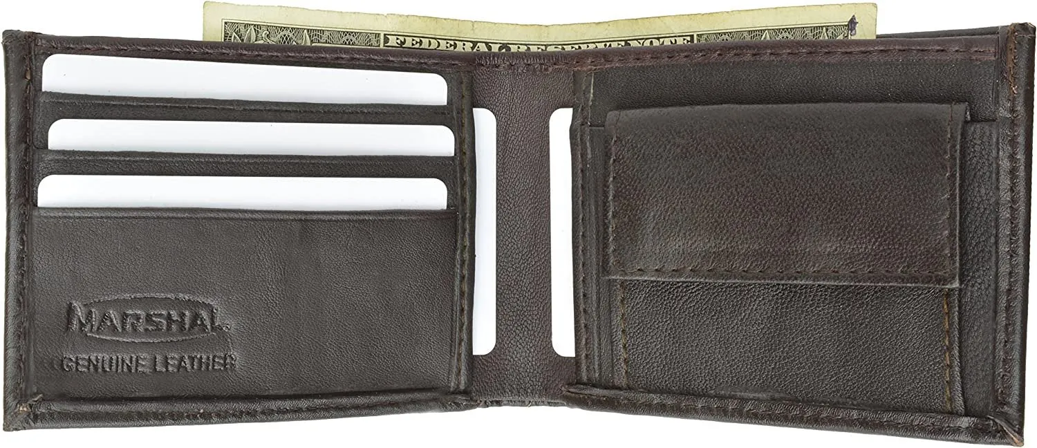 Marshal® Leather Men Bifold Wallet Black Change Pocket FREE Organza Gift Bag (Brown)