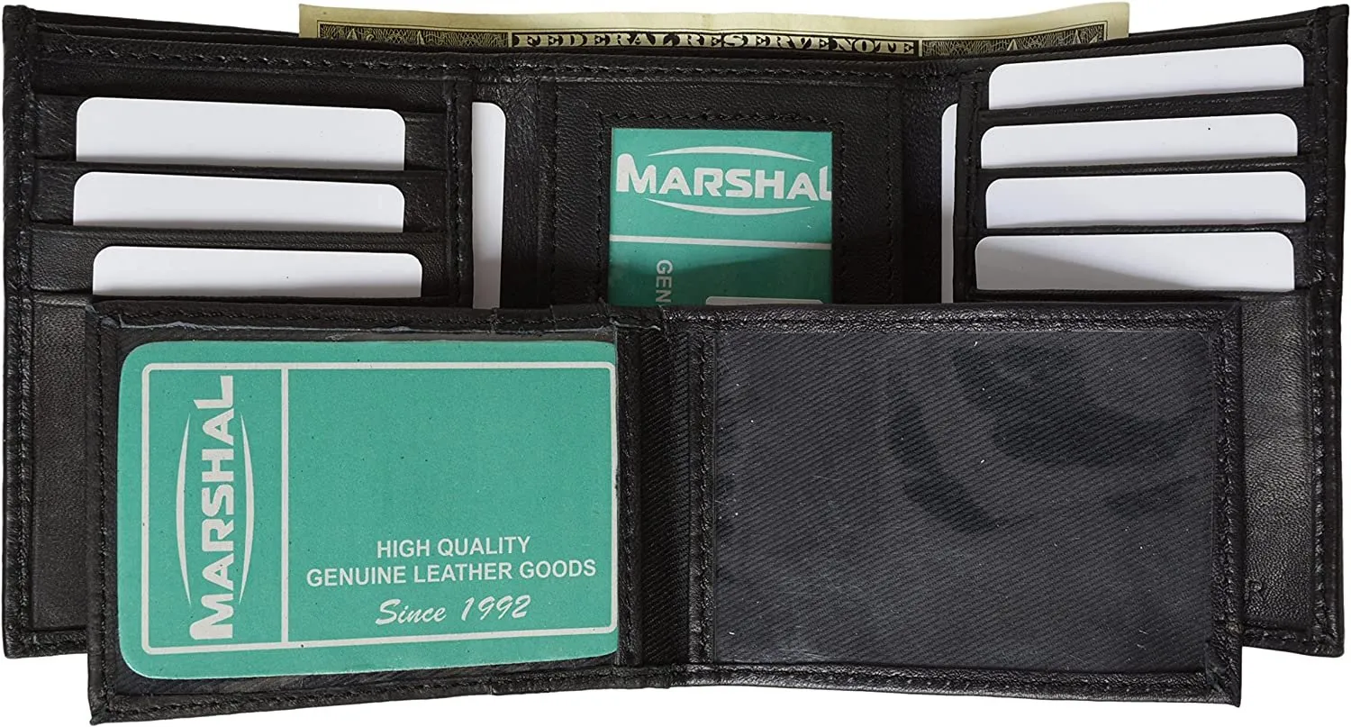 Marshal® Mens Leather Wallet Trifold Black Flipup Window ID FREE Organza Gift Bag