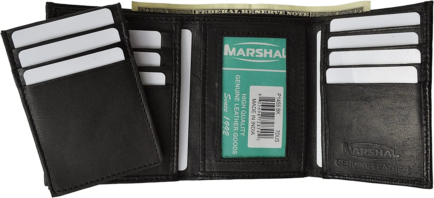 Marshal® Mens Leather Wallet Trifold Black Flipup Window ID FREE Organza Gift Bag