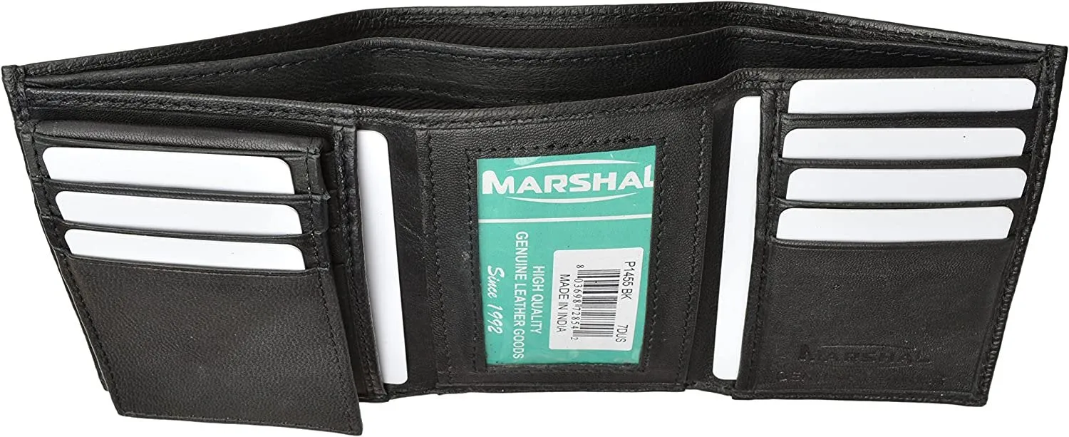 Marshal® Mens Leather Wallet Trifold Black Flipup Window ID FREE Organza Gift Bag