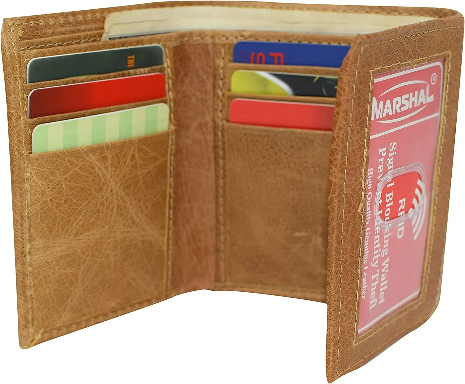 Marshal RFID Blocking Men's Cowhide Leather Outside ID Credit Card Holder Trifold Tan Wallet