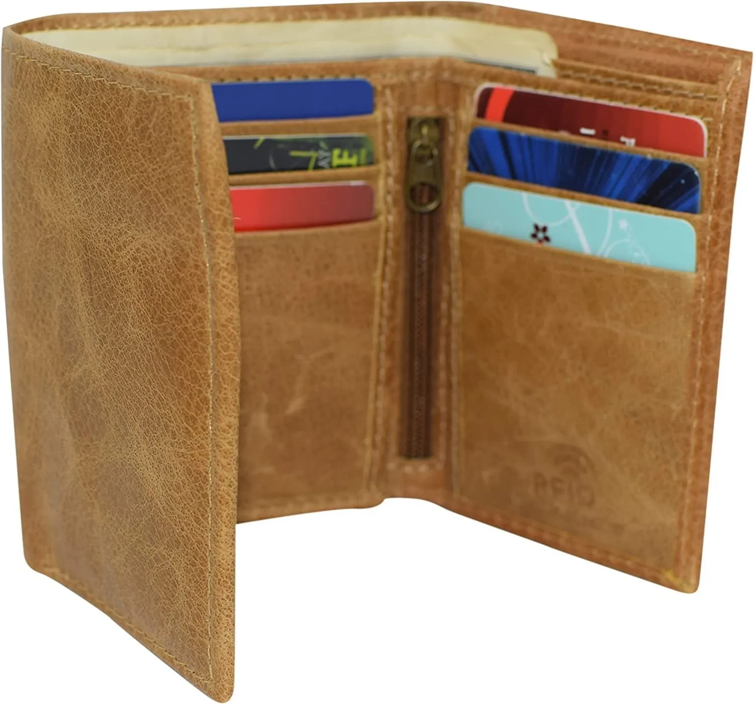 Marshal RFID Blocking Men's Cowhide Leather Outside ID Credit Card Holder Trifold Tan Wallet