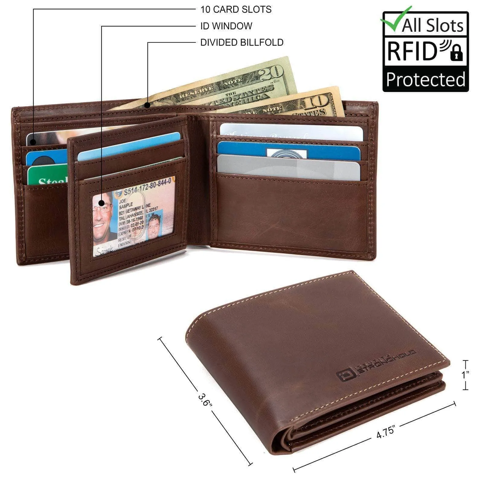 Mens RFID Blocking Bifold Wallet 10 slot - Classic Leather