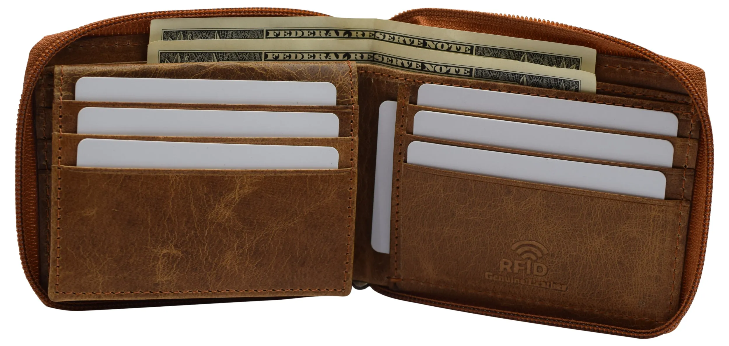 Mens RFID Blocking Wallets Zipper Leather Wallet for Men Bifold RFID Card Holder USA (Tan)