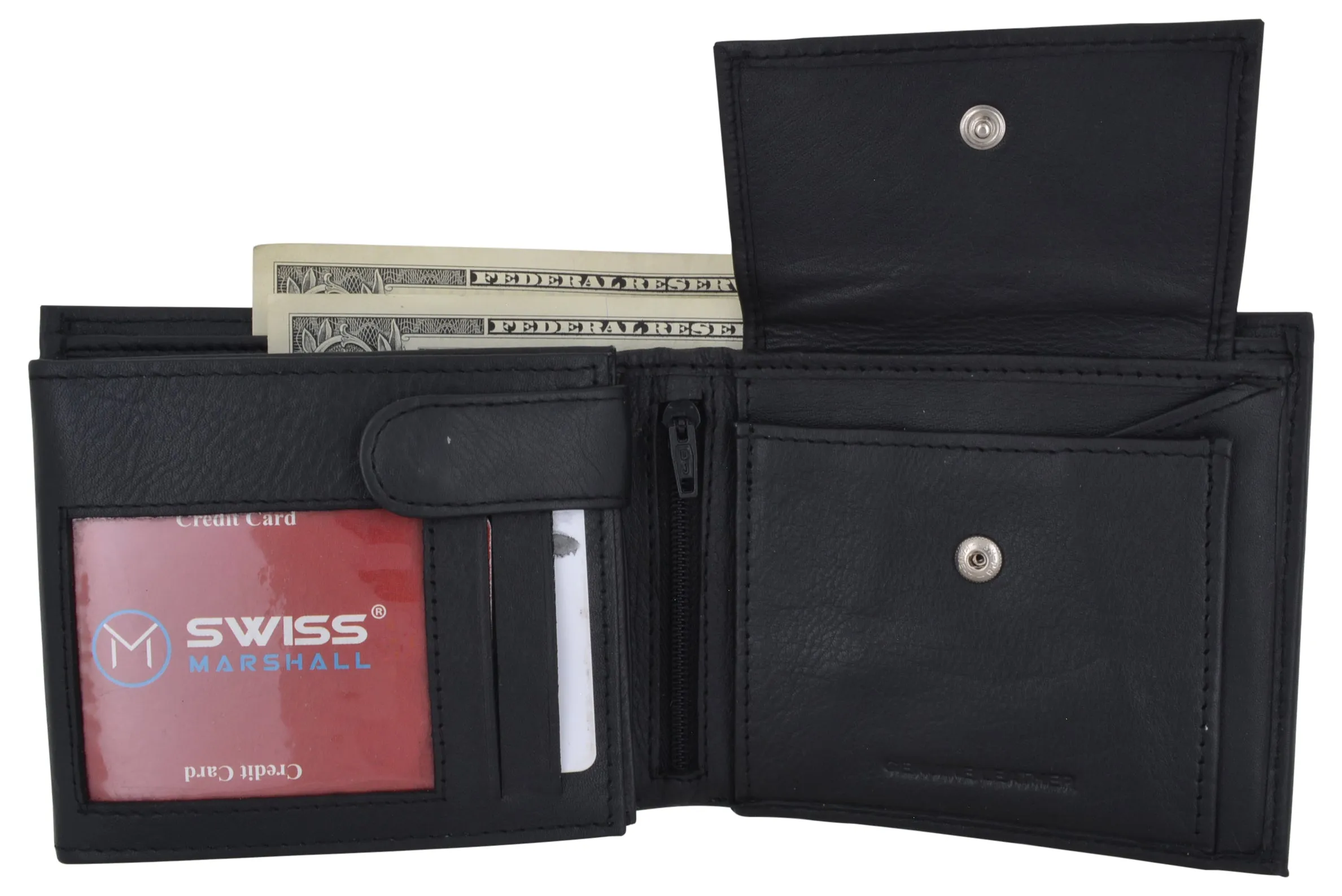 Mens RFID Leather Multi Credit Card ID Snap Bifold Wallet with Coin Pouch