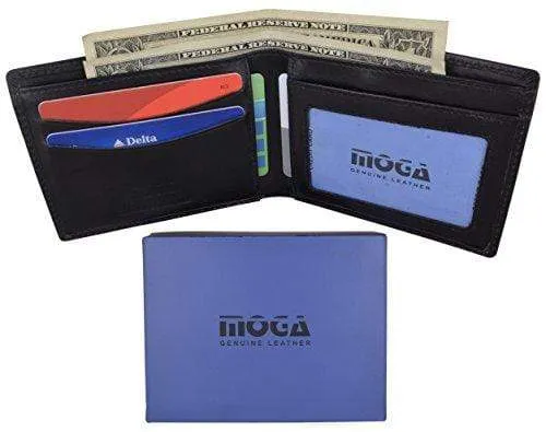 Men's Slim Bifold Wallet Genuine Leather Thin Wallet for Men With ID Window by Moga