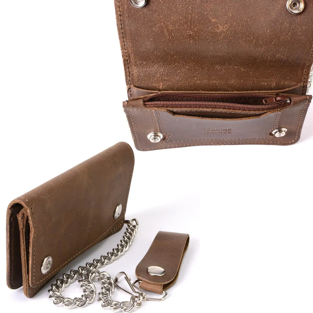 Milwaukee Leather MLW7817 Men's 8” Distress Brown Leather Bi-Fold Biker Wallet w/ Anti-Theft Stainless Steel Chain