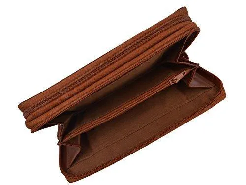 Moga Large Capacity Women Wallet Genuine Leather Clutch Wallet Card Holder Organizer Ladies Purse Double Zipper Long Wallet (1, Tan)