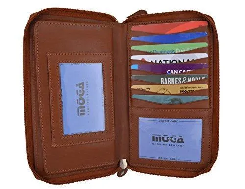 Moga Large Capacity Women Wallet Genuine Leather Clutch Wallet Card Holder Organizer Ladies Purse Double Zipper Long Wallet (1, Tan)