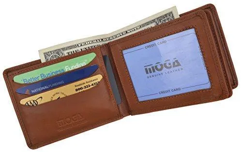 Moga Men's Bifold Genuine Leather Wallet With Double Center Flap And 3 ID Windows